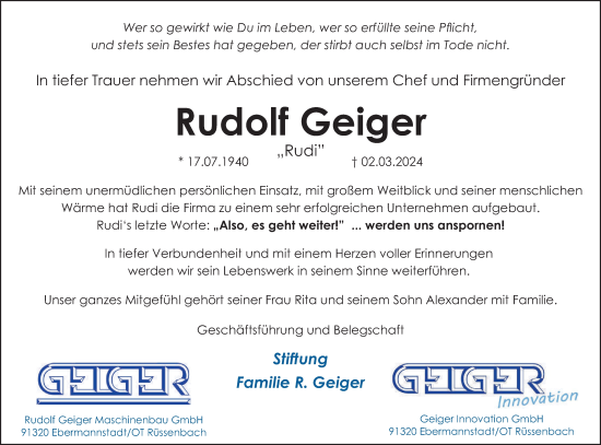 Anzeige von Rudolf Geiger von MGO