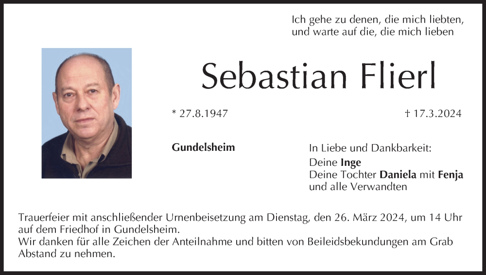  Traueranzeige für Sebastian Flierl vom 23.03.2024 aus MGO