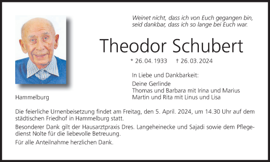 Anzeige von Theodor Schubert von MGO