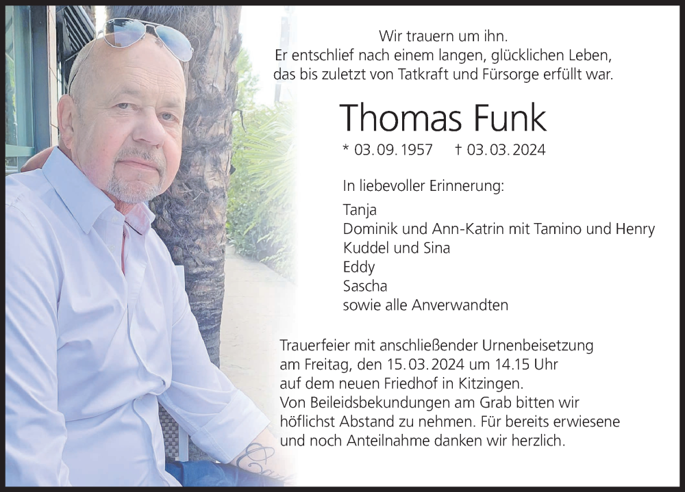 Traueranzeige für Thomas Funk vom 09.03.2024 aus MGO