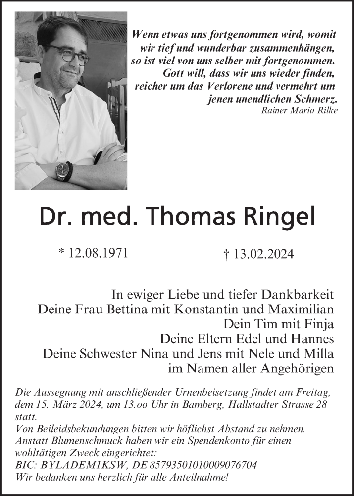  Traueranzeige für Thomas Ringel vom 02.03.2024 aus MGO