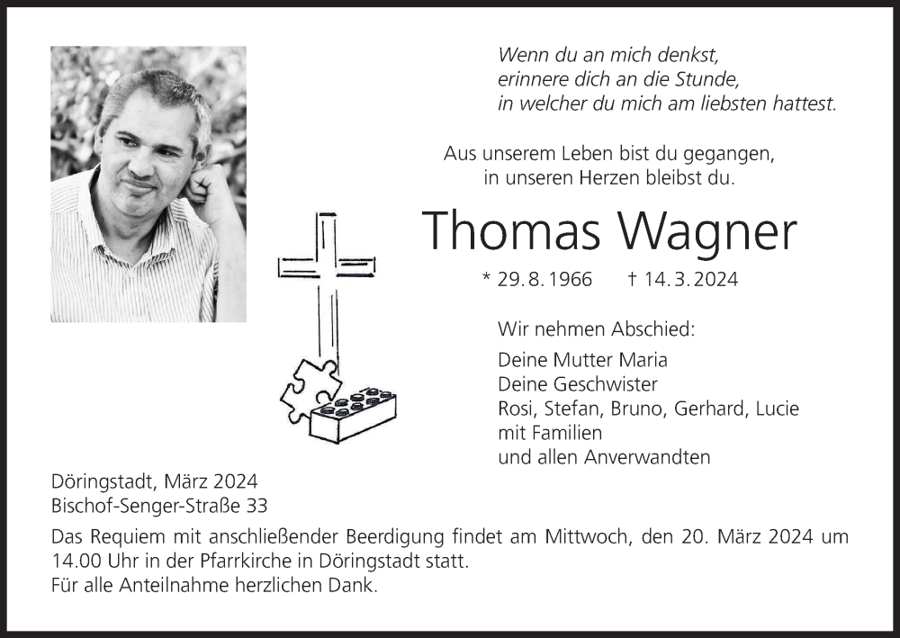  Traueranzeige für Thomas Wagner vom 19.03.2024 aus MGO