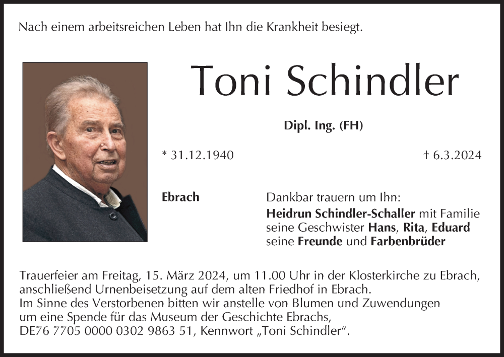  Traueranzeige für Toni Schindler vom 09.03.2024 aus MGO