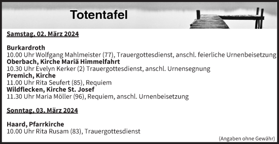 Anzeige von Totentafel vom 02.03.2024 von MGO