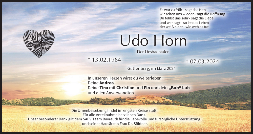  Traueranzeige für Udo Horn vom 16.03.2024 aus MGO