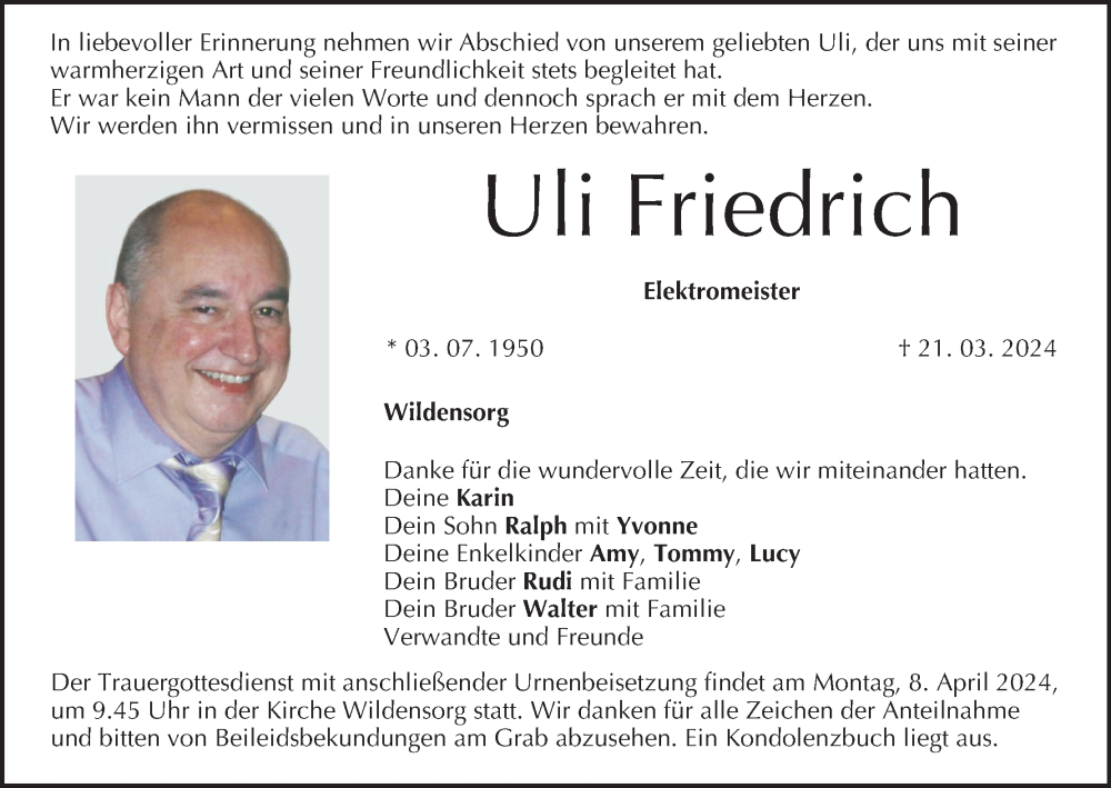  Traueranzeige für Uli Friedrich vom 30.03.2024 aus MGO