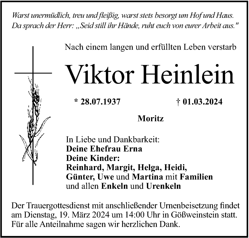  Traueranzeige für Viktor Heinlein vom 16.03.2024 aus MGO