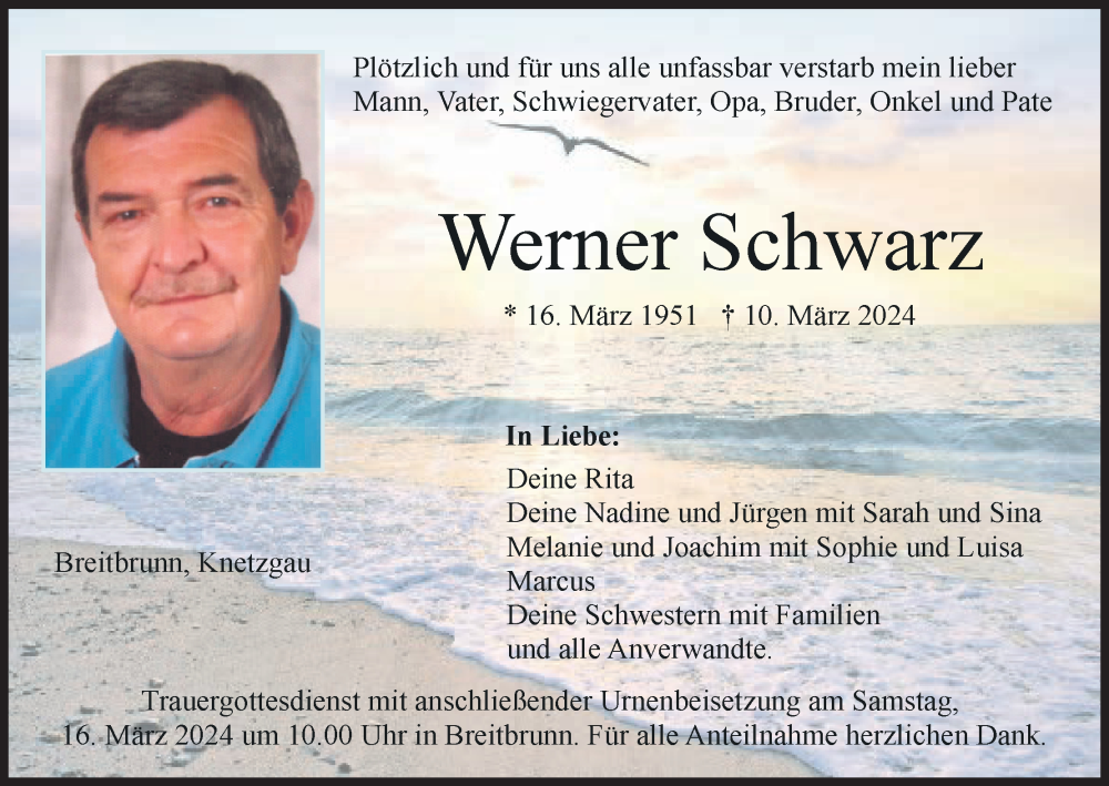  Traueranzeige für Werner Schwarz vom 13.03.2024 aus MGO