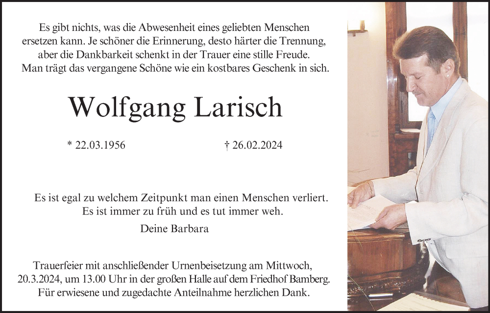  Traueranzeige für Wolfgang Larisch vom 16.03.2024 aus MGO
