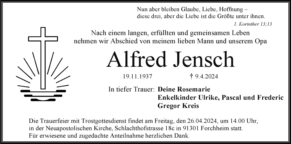  Traueranzeige für Alfred Jensch vom 20.04.2024 aus MGO