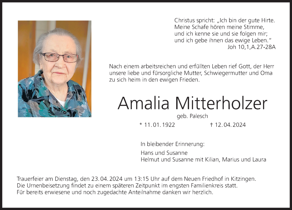  Traueranzeige für Amalia Mitterholzer vom 20.04.2024 aus MGO