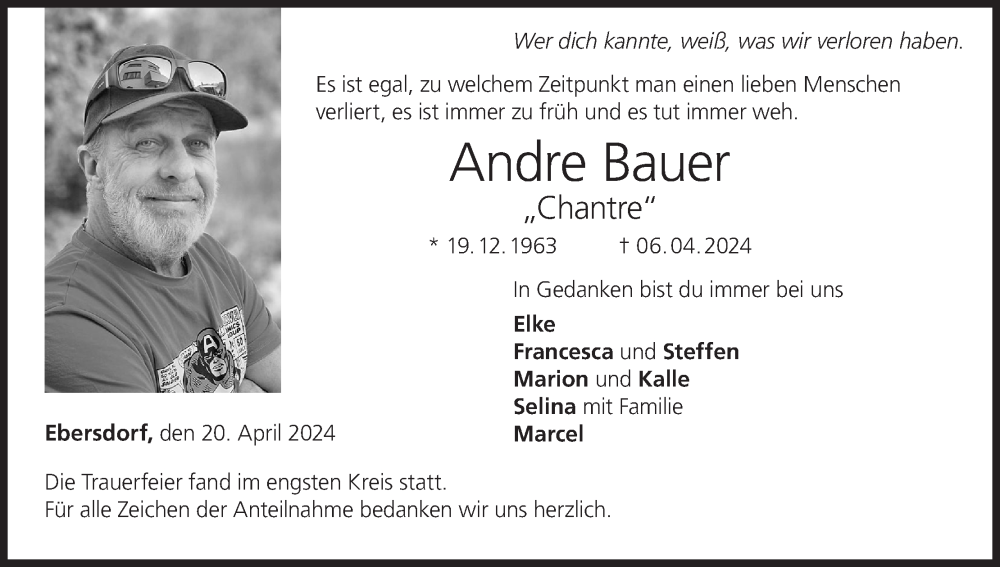  Traueranzeige für Andre Bauer vom 20.04.2024 aus MGO