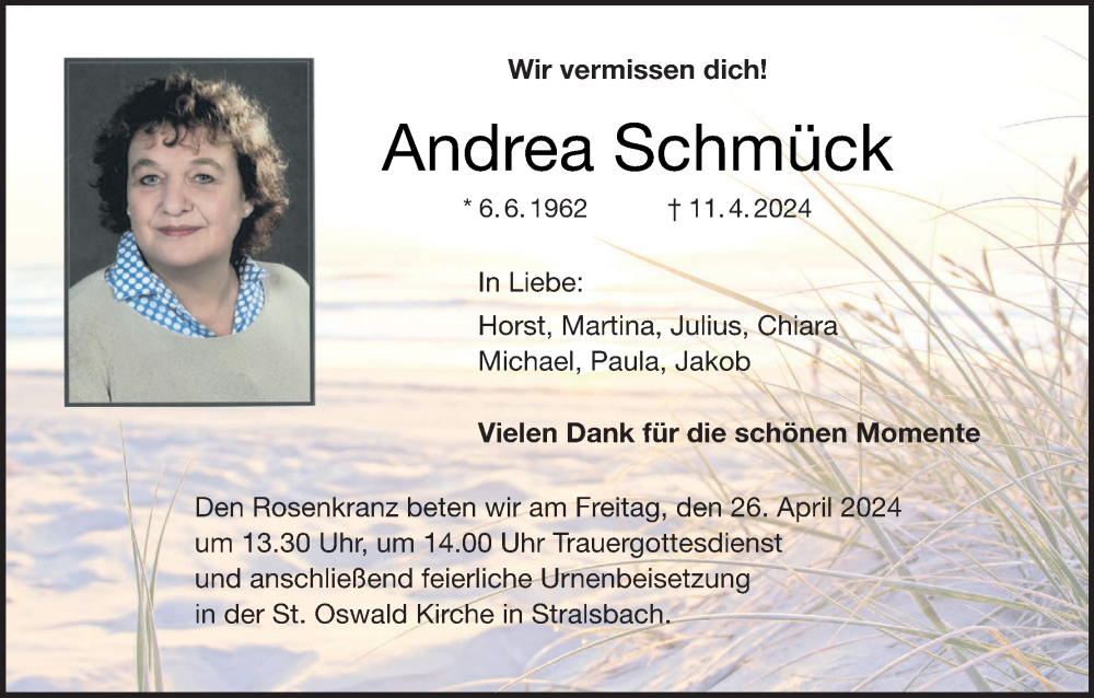  Traueranzeige für Andrea Schmück vom 20.04.2024 aus MGO