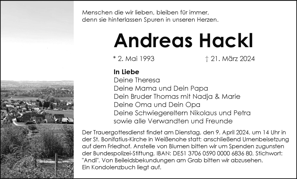  Traueranzeige für Andreas Hackl vom 06.04.2024 aus MGO