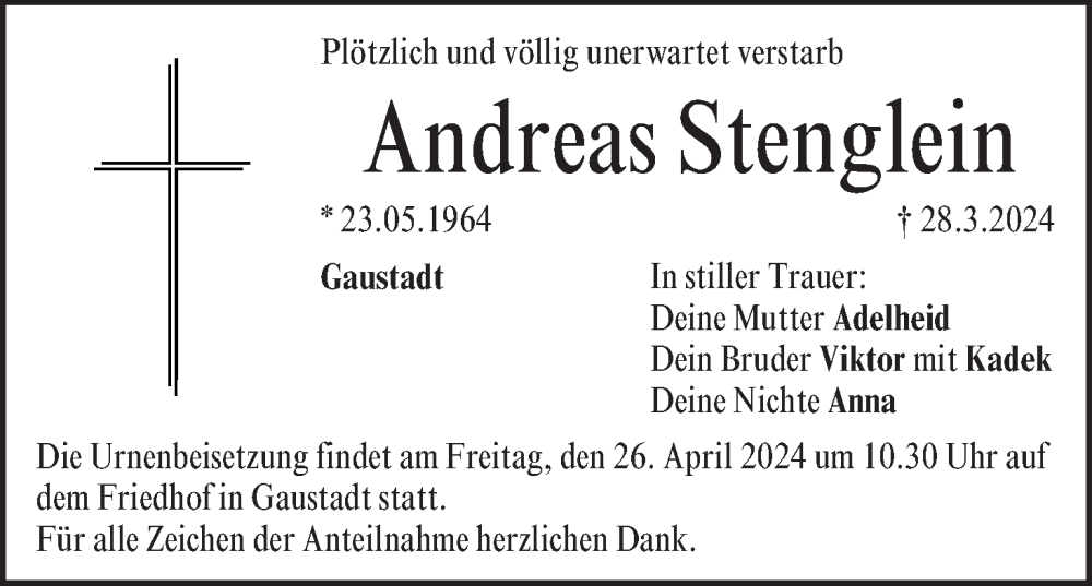  Traueranzeige für Andreas Stenglein vom 13.04.2024 aus MGO