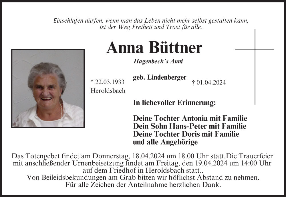  Traueranzeige für Anna Büttner vom 17.04.2024 aus MGO
