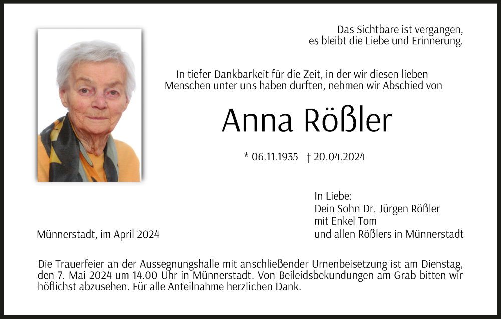  Traueranzeige für Anna Rößler vom 27.04.2024 aus MGO
