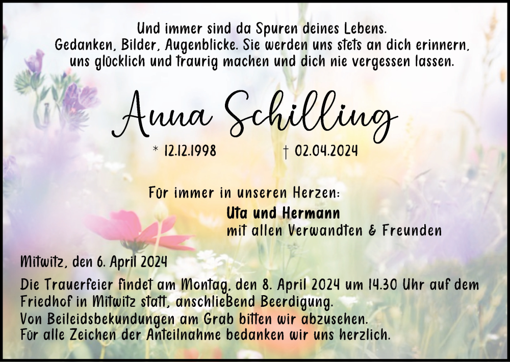  Traueranzeige für Anna Schilling vom 06.04.2024 aus MGO