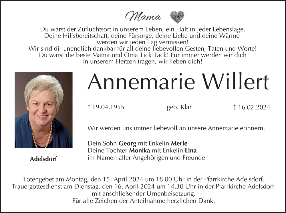  Traueranzeige für Annemarie Willert vom 13.04.2024 aus MGO