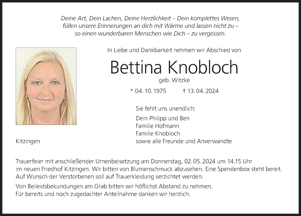  Traueranzeige für Bettina Knobloch vom 27.04.2024 aus MGO