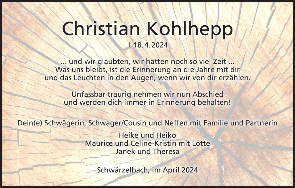  Traueranzeige für Christian Kohlhepp vom 27.04.2024 aus MGO