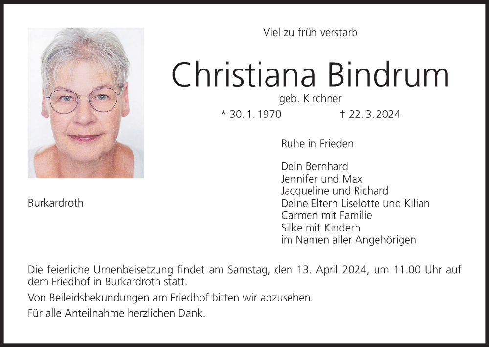 Traueranzeige für Christiana Bindrum vom 06.04.2024 aus MGO