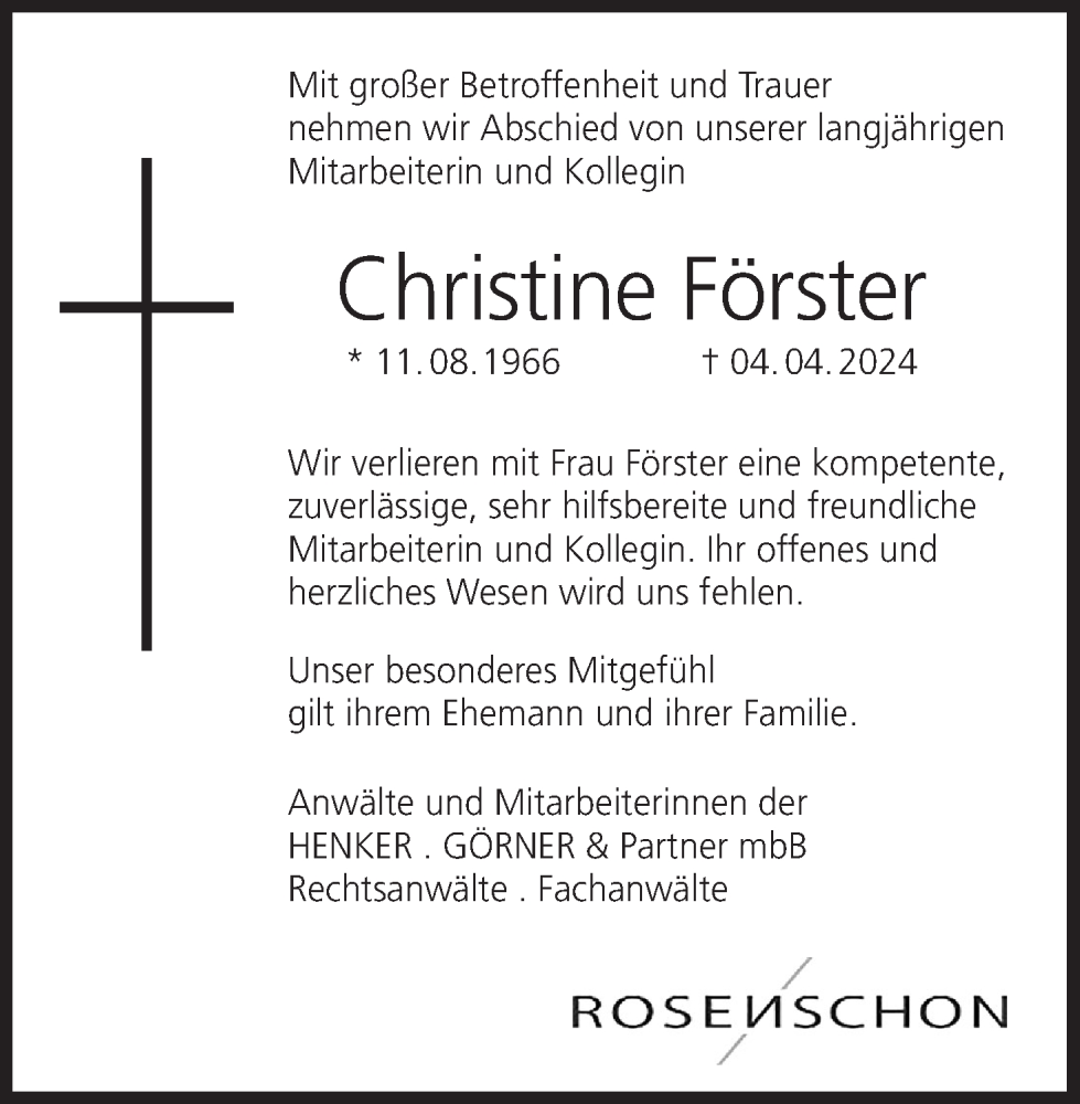  Traueranzeige für Christine Förster vom 16.04.2024 aus MGO