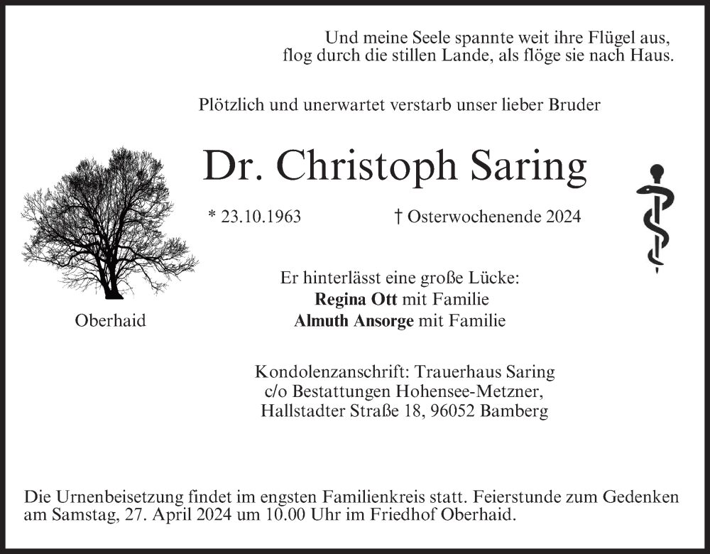  Traueranzeige für Christoph Saring vom 20.04.2024 aus MGO