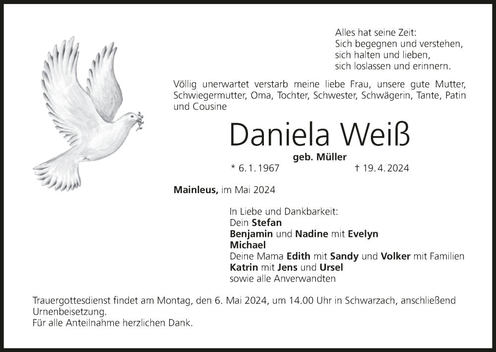  Traueranzeige für Daniela Weiß vom 27.04.2024 aus MGO