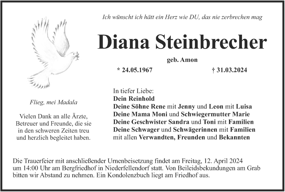  Traueranzeige für Diana Steinbrecher vom 06.04.2024 aus MGO