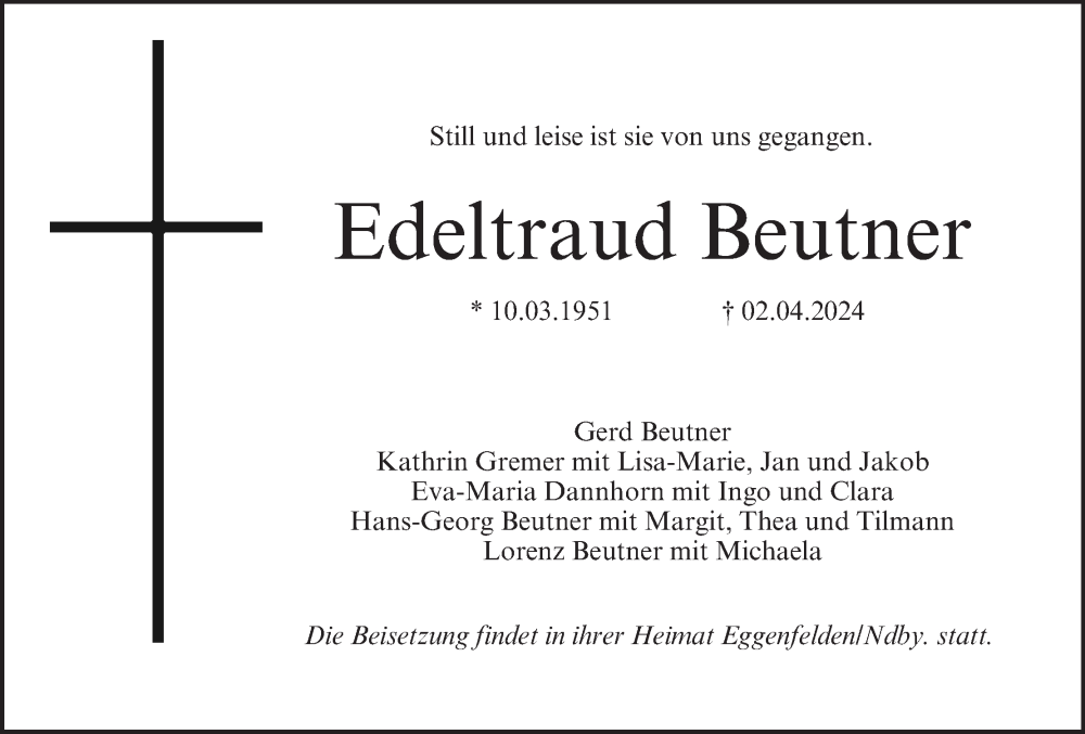  Traueranzeige für Edeltraud Beutner vom 06.04.2024 aus MGO
