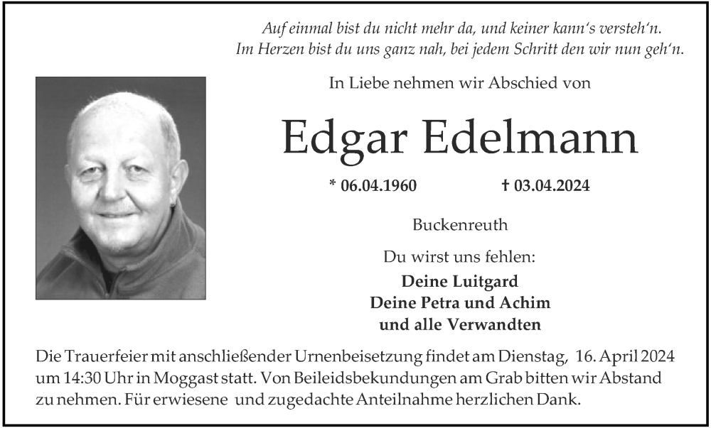  Traueranzeige für Edgar Edelmann vom 13.04.2024 aus MGO