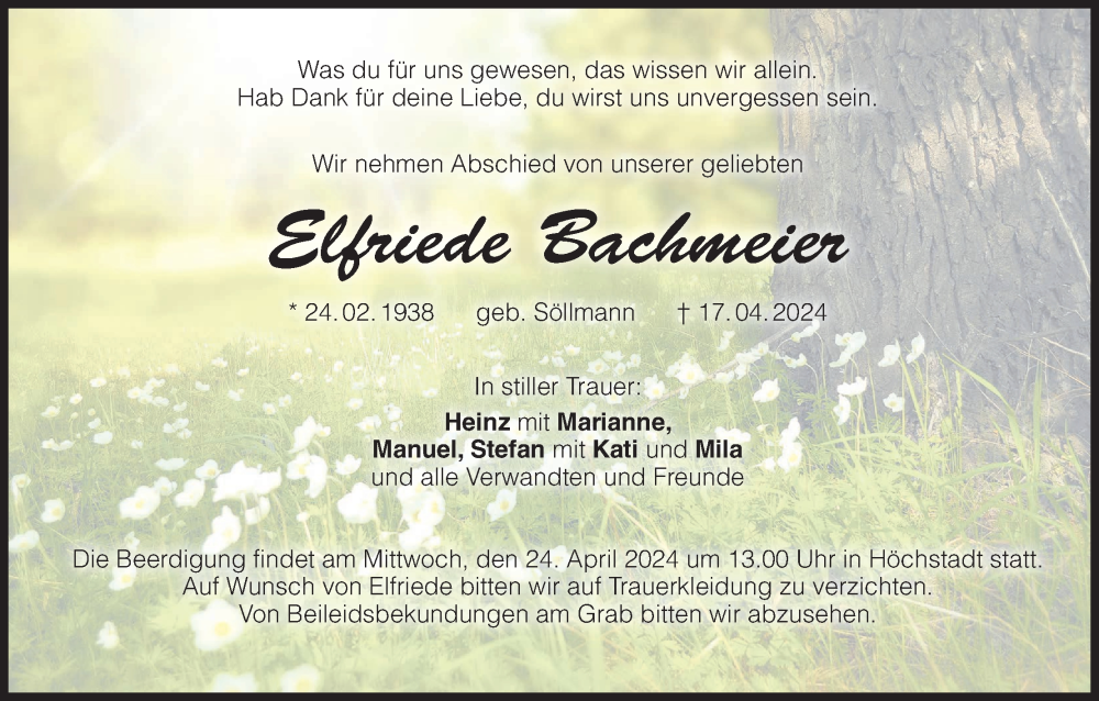  Traueranzeige für Elfriede Bachmeier vom 23.04.2024 aus MGO