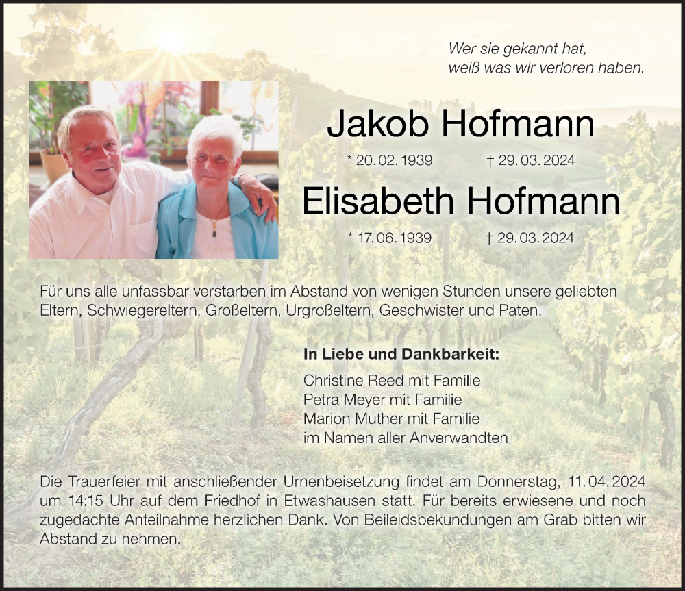  Traueranzeige für Elisabeth Hofmann vom 06.04.2024 aus MGO