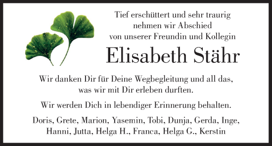 Traueranzeige von Elisabeth Stähr