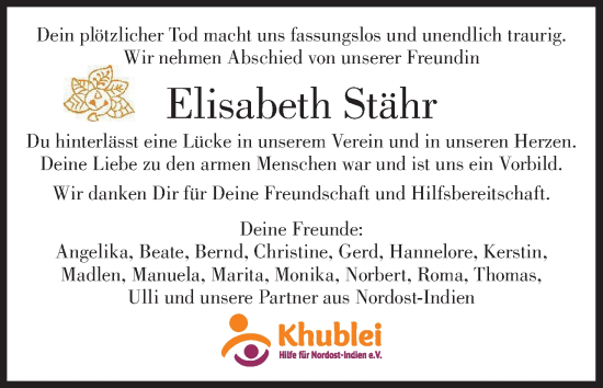 Anzeige von Elisabeth Stähr von MGO