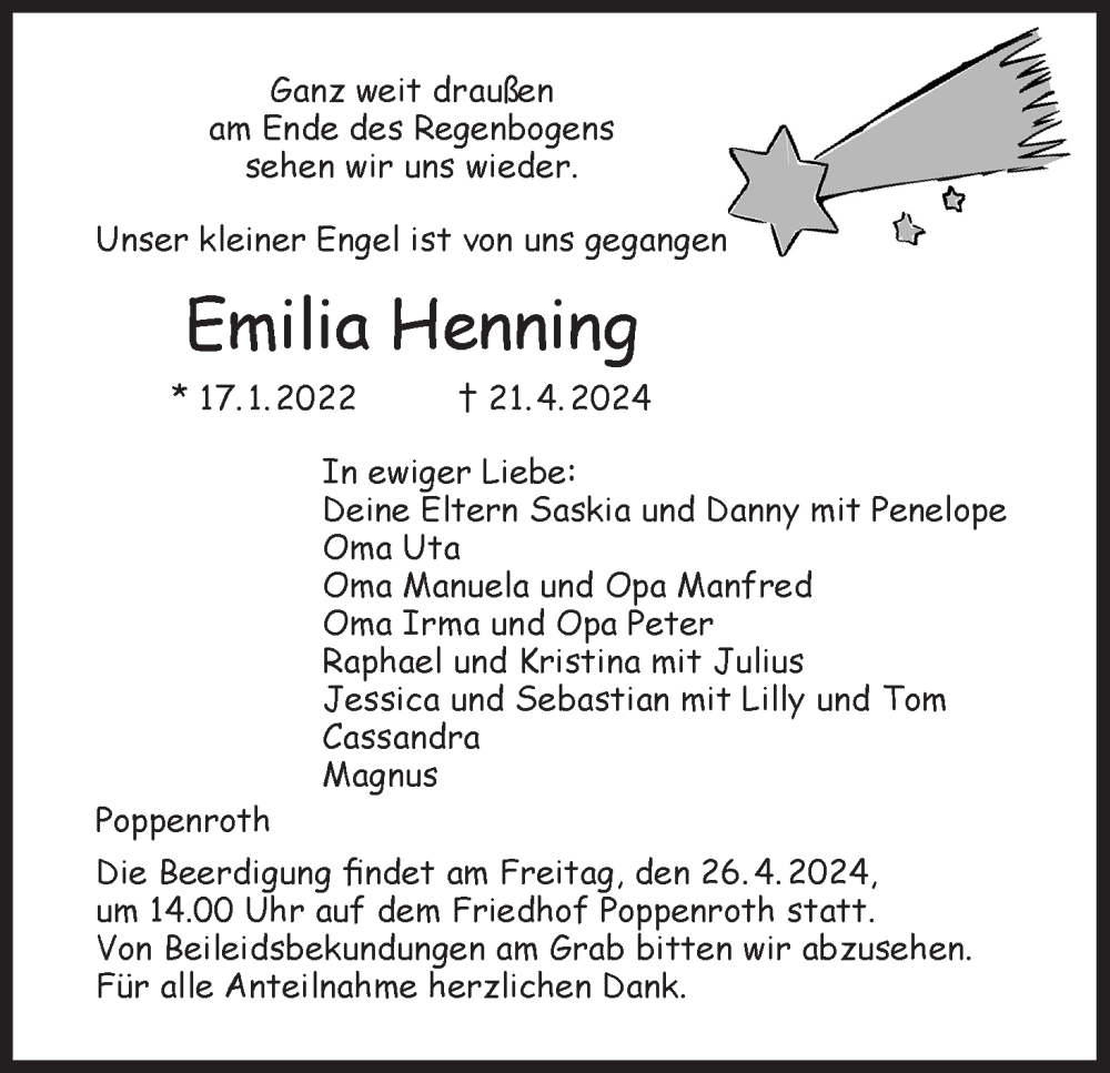  Traueranzeige für Emilia Henning vom 24.04.2024 aus MGO