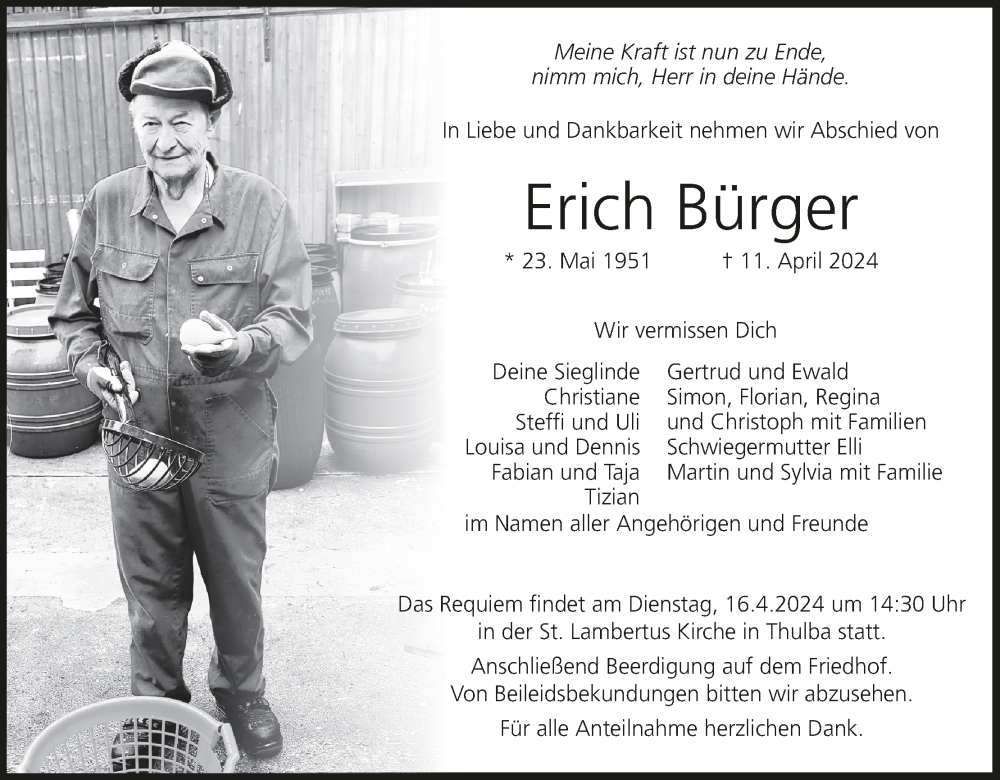  Traueranzeige für Erich Bürger vom 13.04.2024 aus MGO