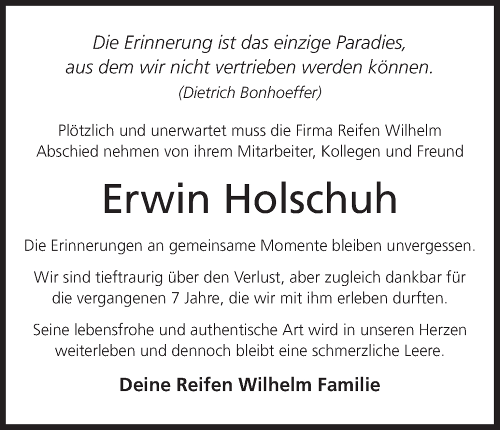  Traueranzeige für Erwin Holschuh vom 17.04.2024 aus MGO
