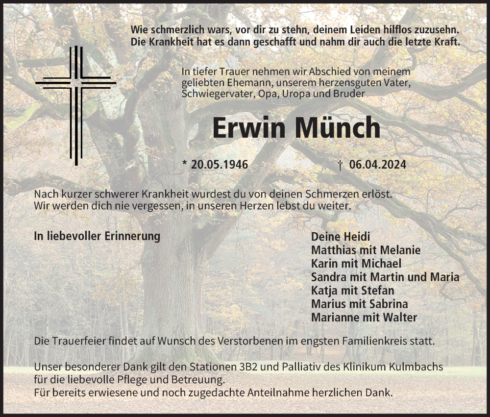  Traueranzeige für Erwin Münch vom 13.04.2024 aus MGO