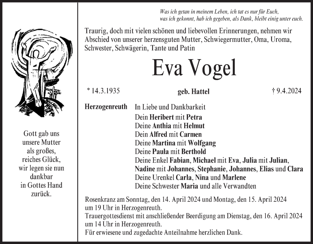  Traueranzeige für Eva Vogel vom 13.04.2024 aus MGO