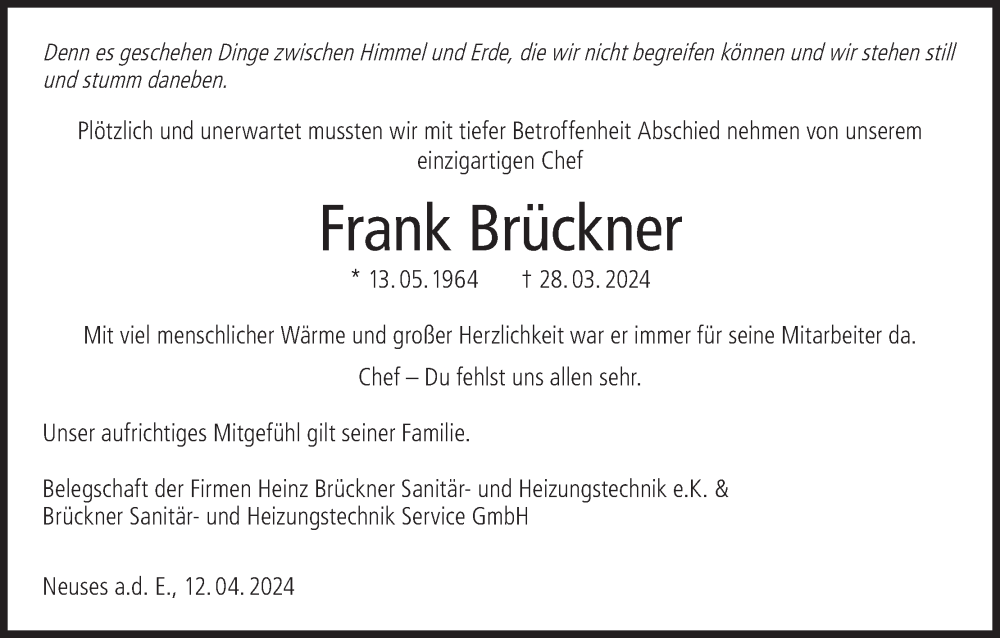  Traueranzeige für Frank Brückner vom 12.04.2024 aus MGO