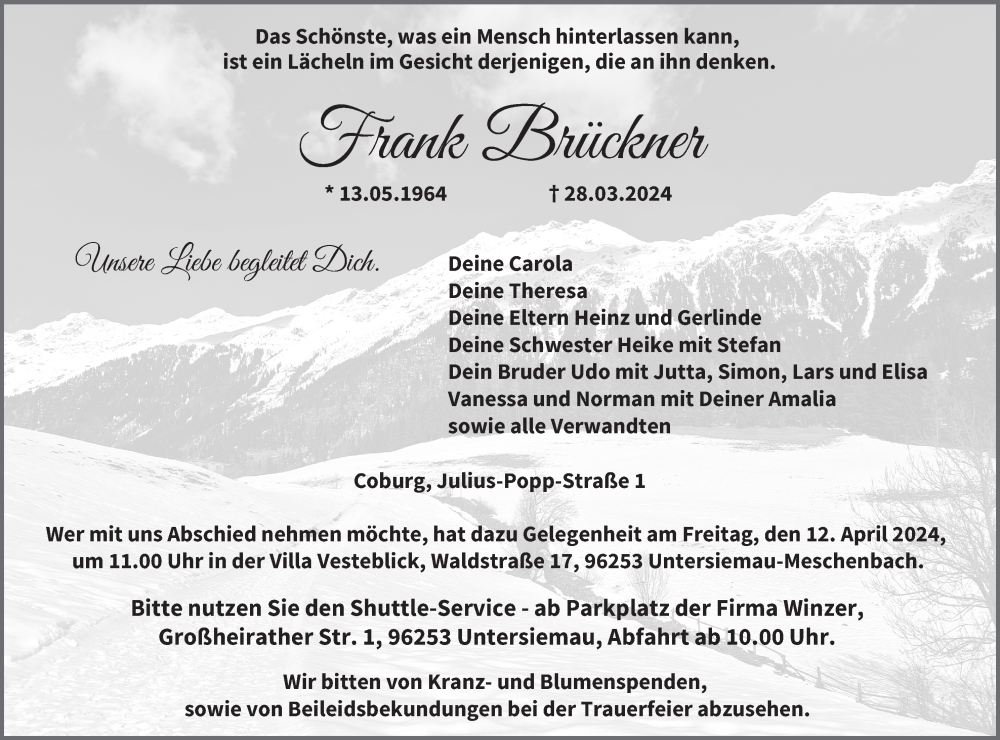 Traueranzeige für Frank Brückner vom 06.04.2024 aus MGO