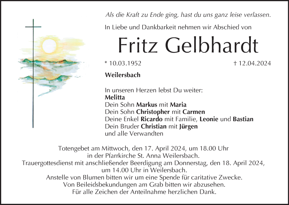  Traueranzeige für Fritz Gelbhardt vom 16.04.2024 aus MGO
