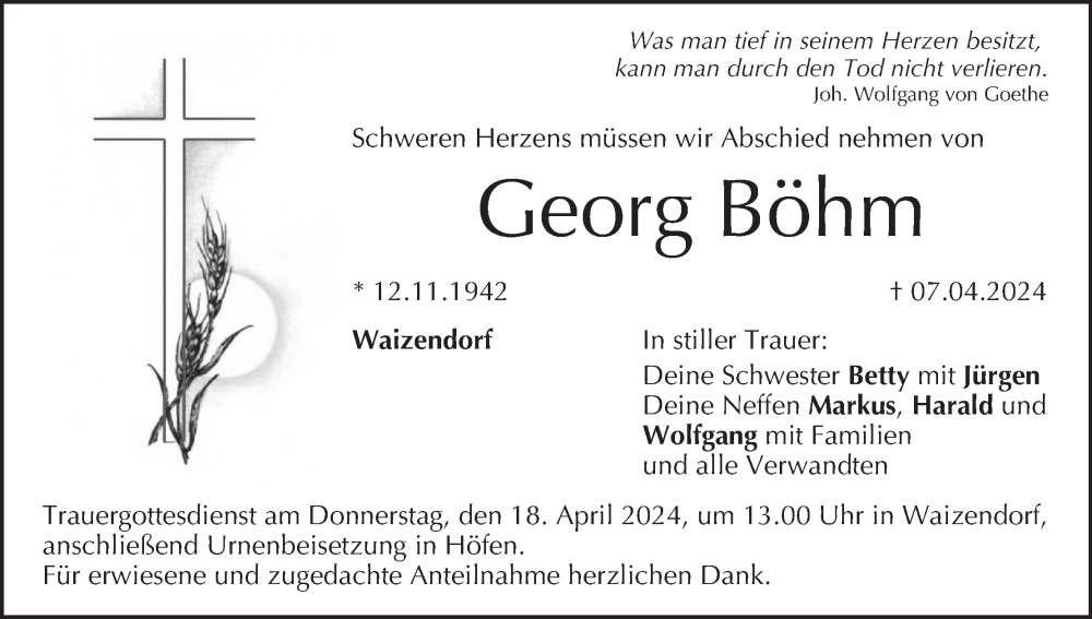  Traueranzeige für Georg Böhm vom 13.04.2024 aus MGO