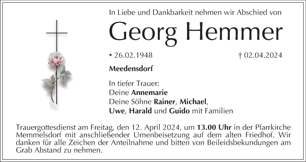  Traueranzeige für Georg Hemmer vom 06.04.2024 aus MGO
