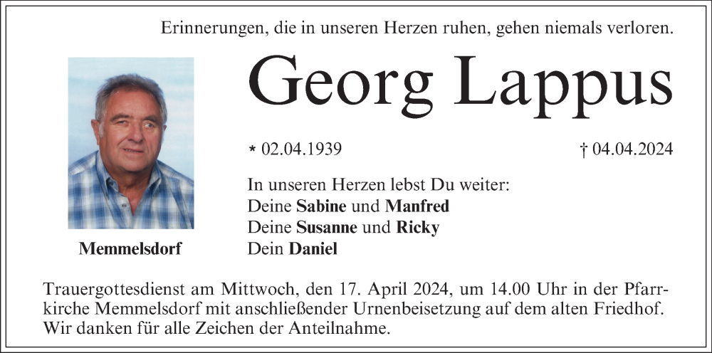  Traueranzeige für Georg Lappus vom 13.04.2024 aus MGO