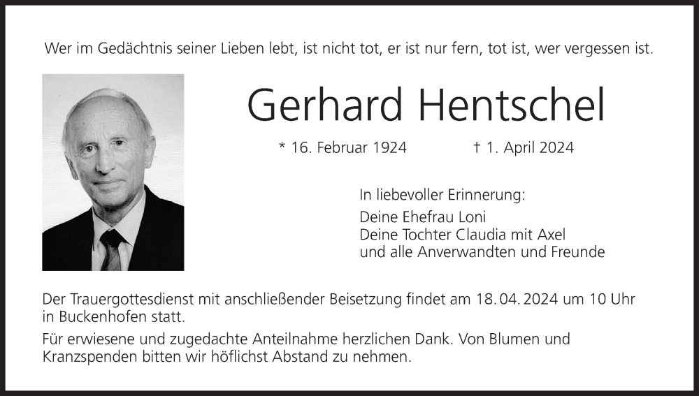  Traueranzeige für Gerhard Hentschel vom 13.04.2024 aus MGO