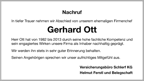 Anzeige von Gerhard Ott von MGO