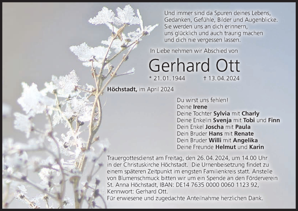  Traueranzeige für Gerhard Ott vom 22.04.2024 aus MGO